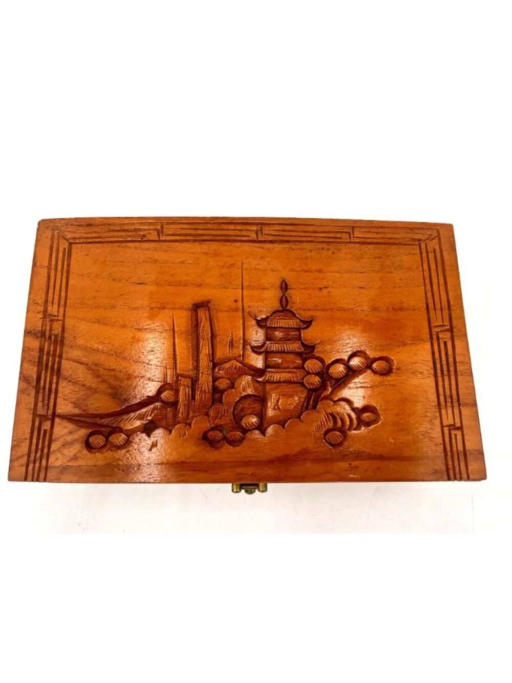 Vintage Wooden Pagoda Jewelry Box Mirrored Carved Design Red Velvet Interior